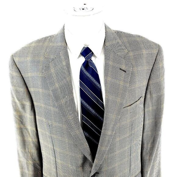 Hickey Freeman Silk Worsted Wool 2 Button Sport Coat 42L Blue Tan Houndstooth W/ - Picture 1 of 11